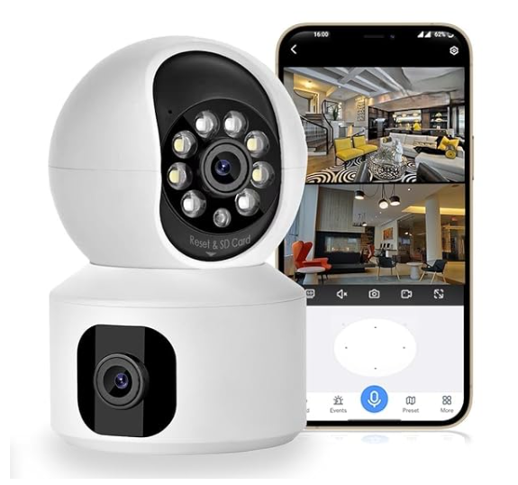 Dual Lens WiFi IP 360° Camera 1920 X 2160 Full HD 4mp AI (Upgraded) CCTV Night Vision Motion Sensor Two-Way Audio Micro SD Card Support Upto 128GB Monitor Nanny Security Indoor White