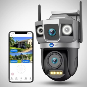 Maizic Smarthome Tricam Shark Dual Lens/Triple Screen 5+5 MP UHD WiFi Outdoor CCTV Camera for Home with Triple Screen View, Color Night Vision, Motion Tracking, Two Way Talk and Multi Users View
